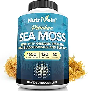 Nutrivein Organic Sea Moss 1600mg Plus Bladderwrack & Burdock - 120 Caps για ενήλικες - Προβιοτικό Super-Food - Ανοσοποιητικό σύστημα & Digestive Υγεία - Θυρεοειδές, δέρμα, Keto Detox, Gut, Κοινή Υποστήριξη