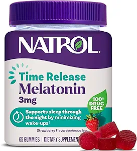 Natrol Time Release Melatonin Gummies, Sleep Support for Adults, 3 mg Melatonin Supplements for Sleep Support, 65 Strawberry-Flavored Gummies, Up to a 65 Day Supply