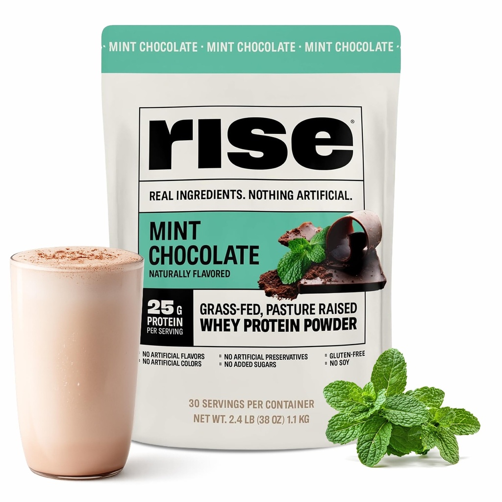 Rise Grass-Fed Whey Protein Powder - Mint Chocolate | 25g Protein No Artificial Flavors, Colors, or Preservatives - Sugar Free, Gluten-Free, Soy Free (2.4 lbs)