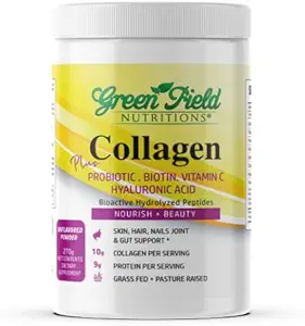 Greenfield Διατροφές Halal Collagen Peptides σε σκόνη - 9g Προβιοτική πρωτεΐνη Halal, Βιοτίνη, Υαλουρονικό Οξύ & Βιταμίνη C - 270g Κολλαγόνο Halal για γυναίκες & άνδρες - Υποστηρίζει μαλλιά, δέρμα, νύχια, αρθρώσεις & κόγχη