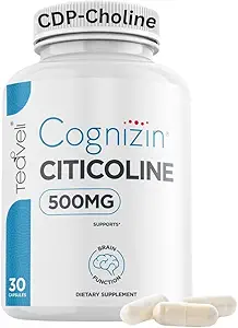 Teaveli Cognizin Citicoline- 500mg CDP κάψουλες χολίνης- Κλινικά Σπουδασμένο συμπλήρωμα εγκεφάλου για την υποστήριξη της σαφήνειας, της συγκέντρωσης και της μνήμης – Πιο Bioδιαθέσιμη μορφή των συμπληρωμάτων χοληστερόλης - 30 εξυπηρετήσεις