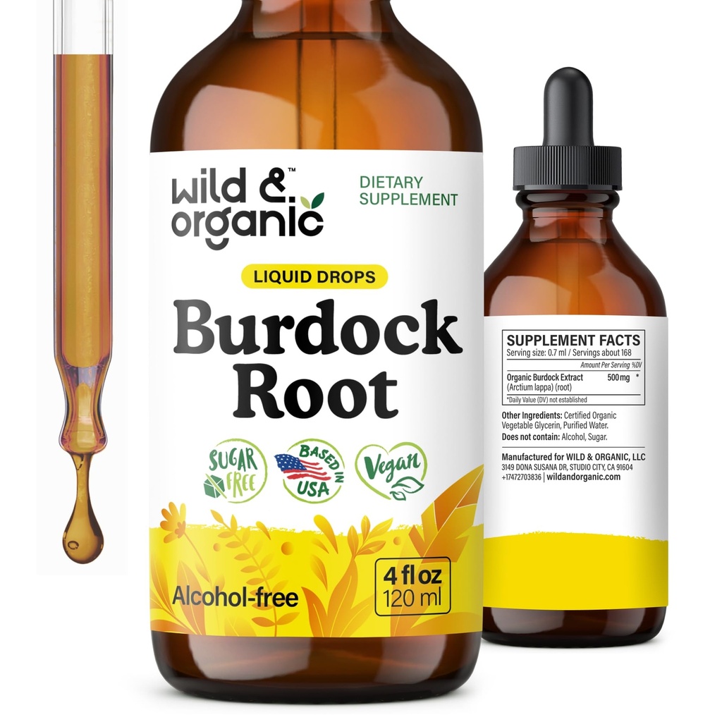Wild & Organic Burdock Root Tincture - Antioxidant, Detox & Lymphatic Support - Burdock Root Extract Drops - Arctium Lappa Herb Supplement - Add to Tea - Vegan, Sugar & Alcohol-Free - 4 fl oz