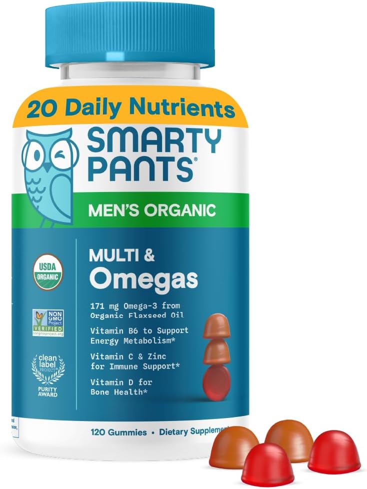 SmartyPants Multivitamin for Men, Organic Gummies: Methylfolate, Omega 3 (ALA), Vitamin D3, C, Vitamin B12, B6, A, K & Zinc για την υποστήριξη του ανοσοποιητικού, Biotin, Vegetarian, 120 Gummies (30 Day Supply)