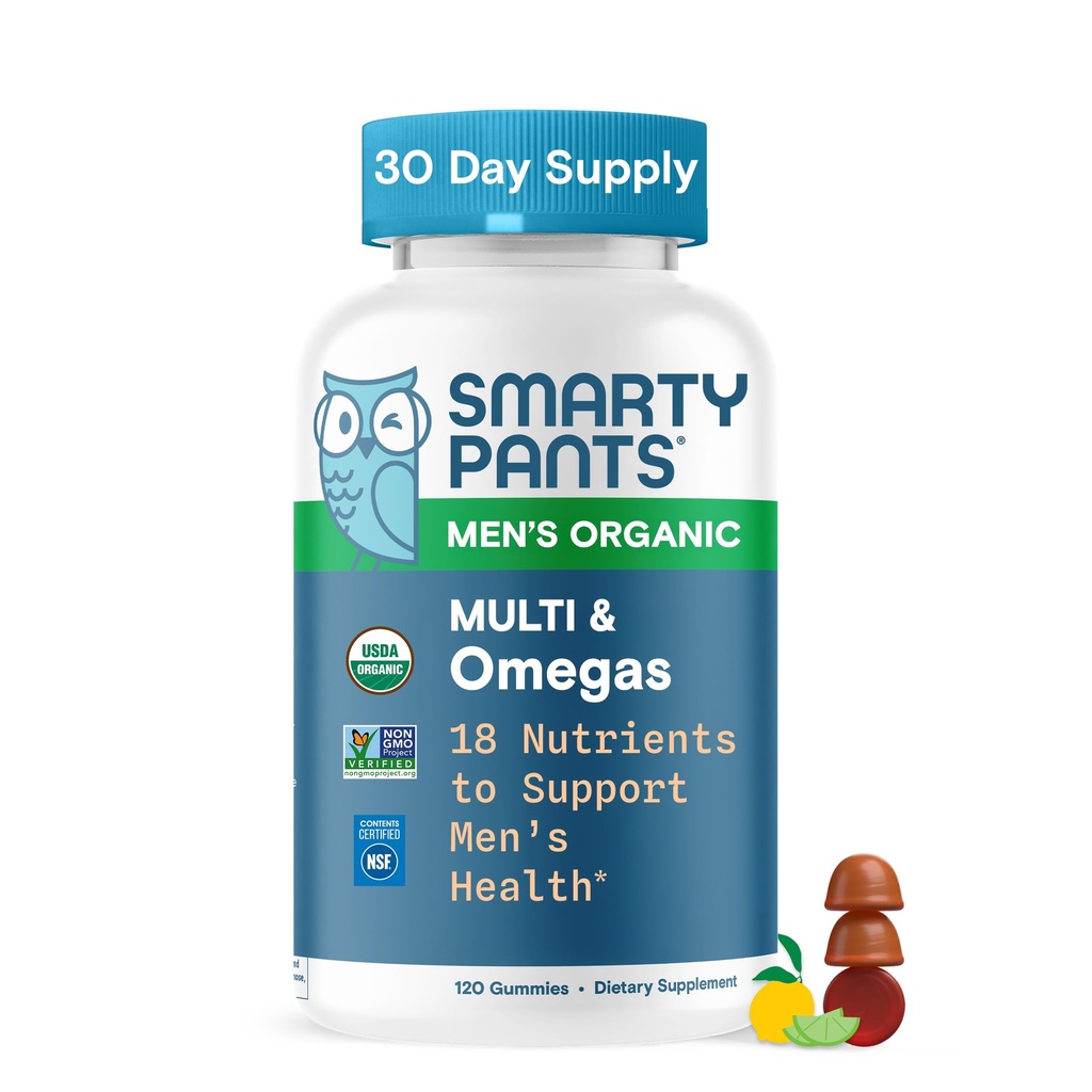SmartyPants Multivitamin for Men, Organic Gummies: Methylfolate, Omega 3 (ALA), Vitamin D3, C, Vitamin B12, B6, A, K & Zinc για την υποστήριξη του ανοσοποιητικού, Biotin, Vegetarian, 120 Gummies (30 Day Supply)