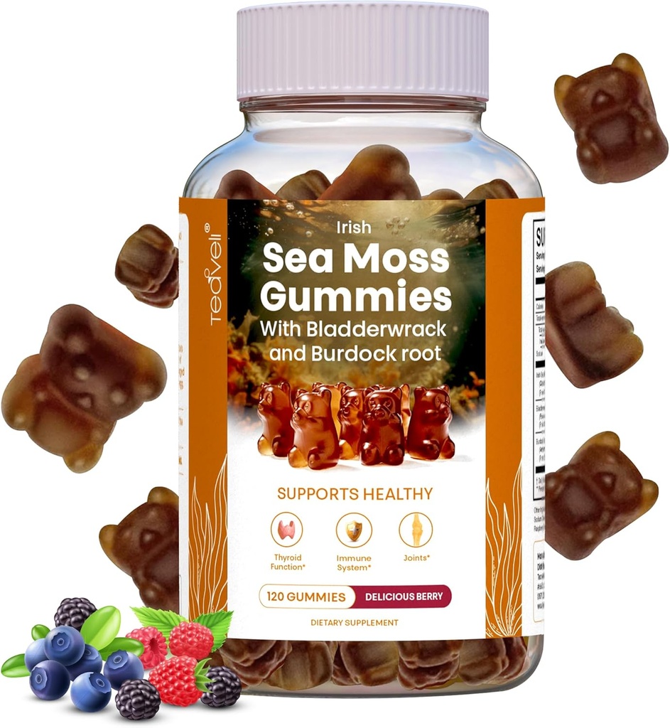 Ιρλανδική Θάλασσα Moss Gummies– 120 Delicious Berry Vegan Seamoss Gummies με Burdock Root, Seamoss & Bladderwrack – Gummy Βιταμίνες για να υποστηρίξει ένα υγιές Thyroid, Gut & ανοσοποιητικό – για ενήλικες & παιδιά