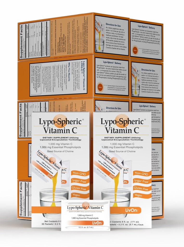 LivOn Laboratories Lypo–Spheric Vitamin C – 1, 000 mg Vitamin C & 1, 000 mg Essential Phospholipids Per Packet – Liposome Encapsuled for βελτιωμένη απορρόφηση – Non–GMO (12 Κουτιά, 360 συσκευασίες)