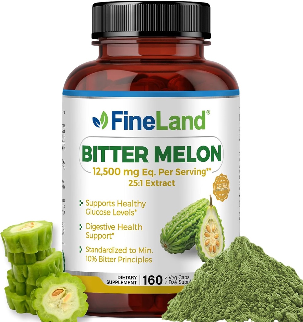FineLand Bitter Melon 25:1 Extract 12.500mg Strength, 10% Bitter Principles, 160 Vegan Caps, Supports Digestive Health, Standardized and Concented 25X Extract, Non-GMO Made in USA