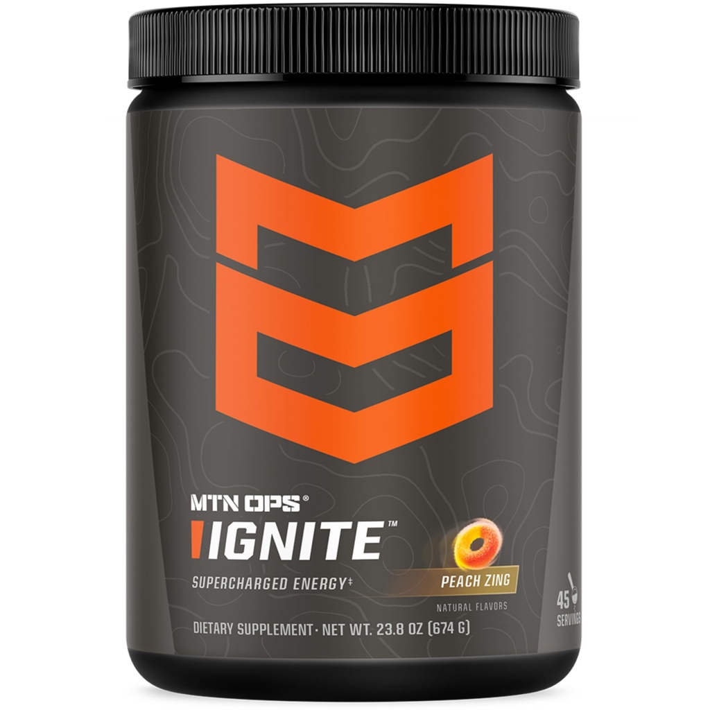 MTN OPS Ignite Sugar Free Energy Drink Powder with 200mg Caffeine, Nootropic Blend for Energy, Focus & Endurance, L Arginine & L Citrulline Pre Workout, 45 Servings, Peach Zing
