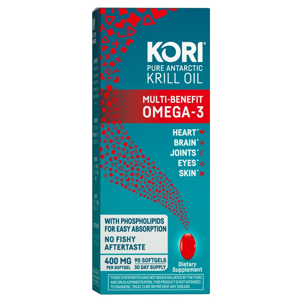 Kori Krill Oil Omega 3 Supplement, Antarctic Krill Oil with Superior Absorption vs Fish Oil Alternative, 400 mg Softgels, EPA & DHA, 90 Softgels