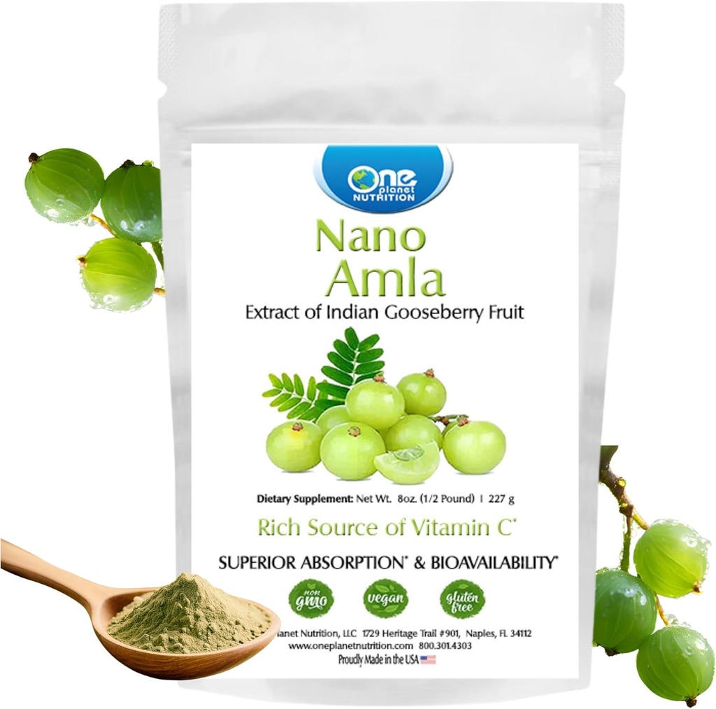 One Planet Nutrition Nano Amla Powder 8 oz (227 Servings), εκχύλισμα φρούτων Amla, υψηλή σε βιταμίνη C για την παραγωγή κολλαγόνου & ανοσοποιητική υποστήριξη, χωρίς έκδοχο, μη GMO, Vegan, χωρίς γλουτένη
