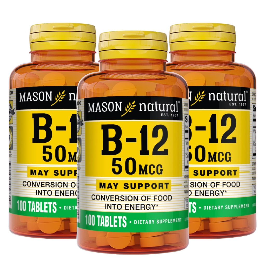 Mason Φυσική βιταμίνη B12 50 mcg με ασβέστιο, 300, προσφορά ημέρας, συμπλήρωμα διατροφής για την υποστήριξη των επιπέδων φυσικής ενέργειας, 100 δισκία (πακέτο των 3)