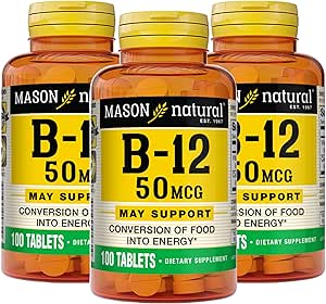 Mason Φυσική βιταμίνη B12 50 mcg με ασβέστιο, 300, προσφορά ημέρας, συμπλήρωμα διατροφής για την υποστήριξη των επιπέδων φυσικής ενέργειας, 100 δισκία (πακέτο των 3)