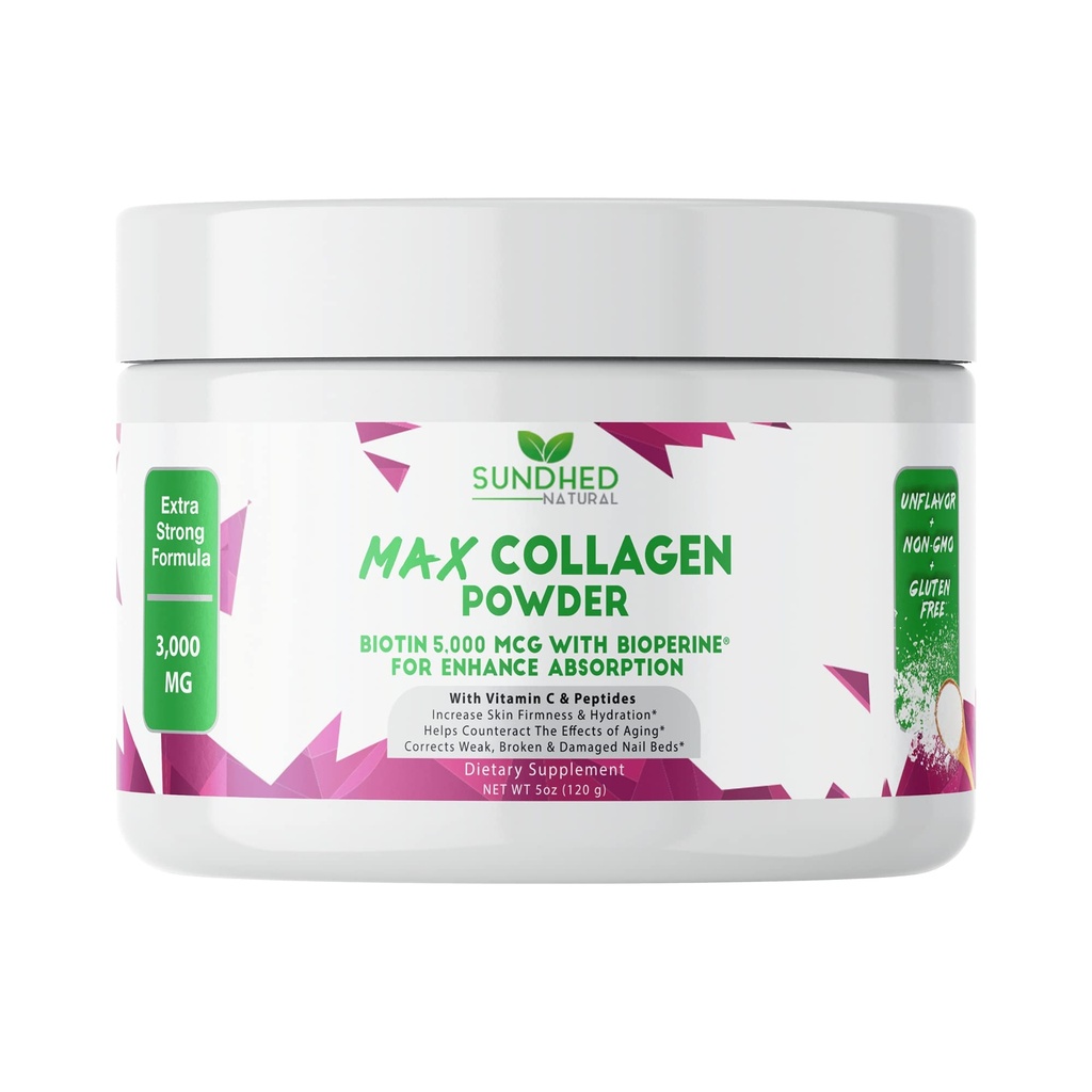 Max Collagen Plus C (30 Day Supply) - All Natural Collagen Powder with Biotin & Bioperine to Boost Anti Aging Hydration & Skin Firmness - 500mg Βιταμίνη C - Ενισχύστε τα οστά & τα νύχια