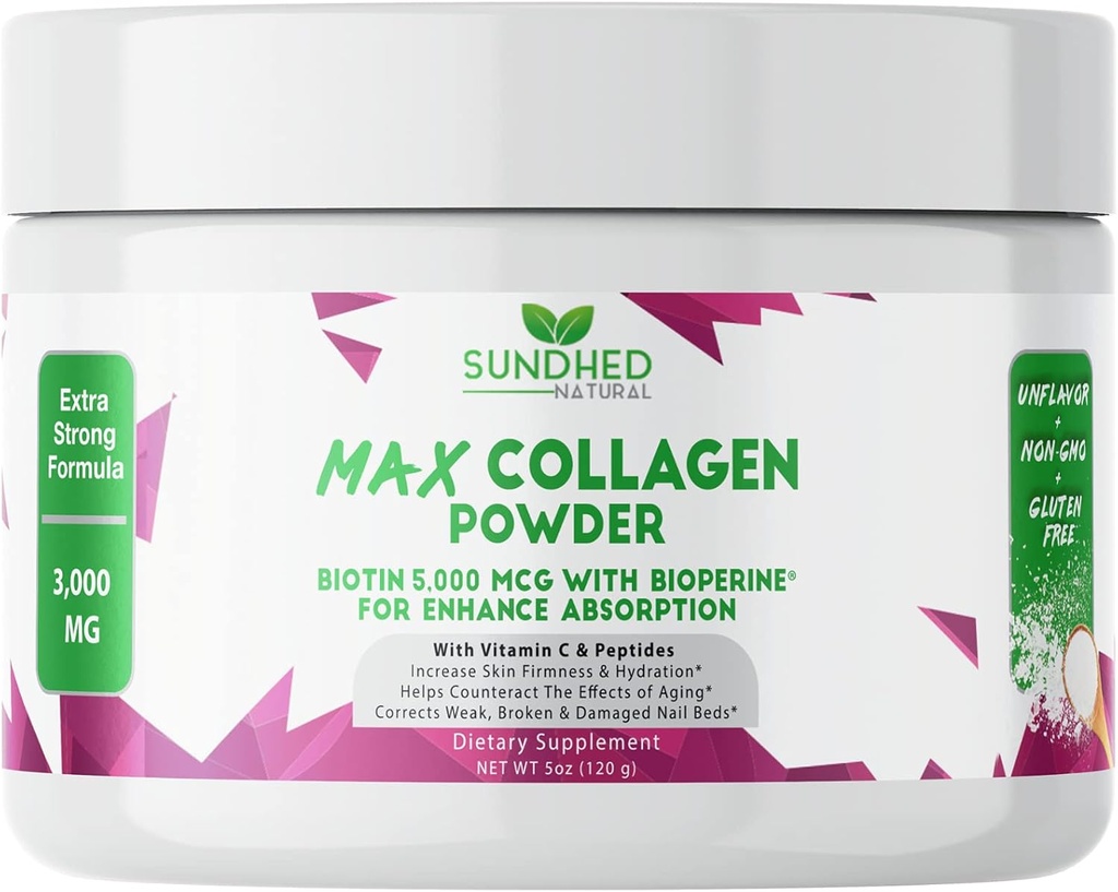 Max Collagen Plus C (30 Day Supply) - All Natural Collagen Powder with Biotin & Bioperine to Boost Anti Aging Hydration & Skin Firmness - 500mg Βιταμίνη C - Ενισχύστε τα οστά & τα νύχια
