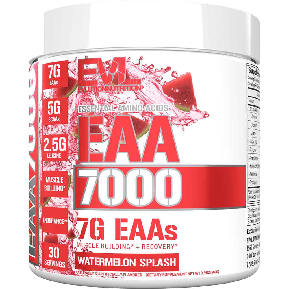 Evlution Nutrition EAA7000 - Pre & Post Workout Powder - Μυϊκό Κτίριο + Συμπλήρωμα αποκατάστασης - 7g Essential Amino Acids + 5g BCAAs - Αντοχή + Ενεργειακή Υποστήριξη - 30 εξυπηρετήσεις - Καρπούζι Splash