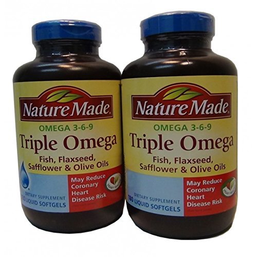 Nature Made Triple Omega 3 6 9 - Ψάρια, flaxseed, Safflower & Ελαιόλαδο - 2 μπουκάλια, 180 Softgels το καθένα