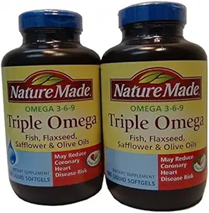 Nature Made Triple Omega 3 6 9 - Fish, Flaxseed, Safflower & Olive Oils - 2 Bottles, 180 Softgels Each