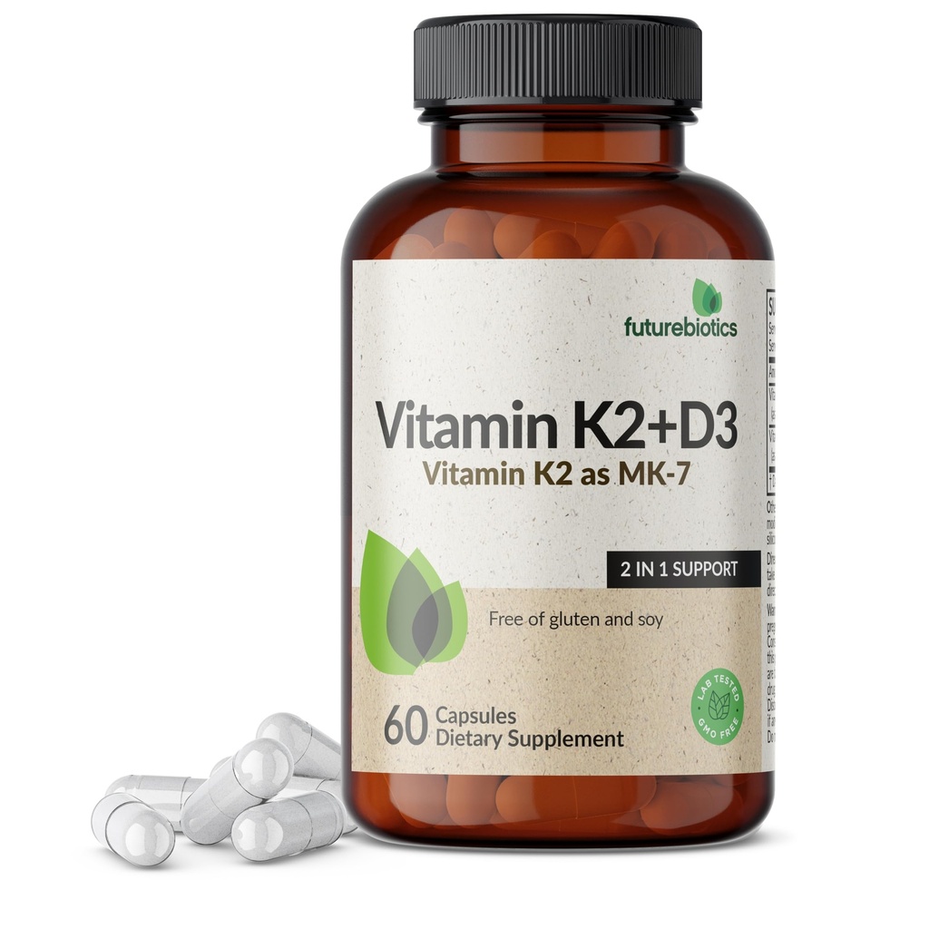 Μελλοντικά αντιβιοτικά Βιταμίνη K2 (MK7) με συμπλήρωμα D3 - Μη ΓΤΟ Φόρμουλα - 5000 IU Βιταμίνη D3 & 90 mcg Βιταμίνη K2 MK-7, 60 κάψουλες χορτοφάγων