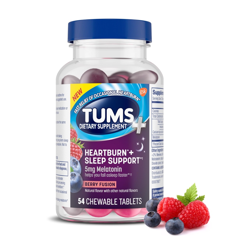 TUMS Heartburn Plus Sleep Support Chewable Dietary Supplement Tables for Occasional Heartburn Relief Plus Sleep Support, Berry Fusion - 54 Count