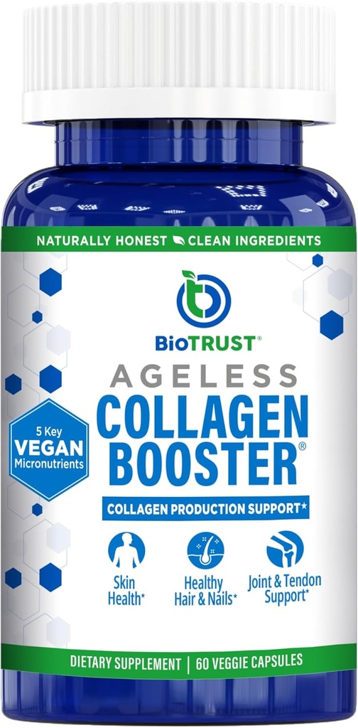 BioTrust Ageless Collagen Booster, Ισχυρή υποστήριξη ομορφιάς από μέσα, Vegan Collagen Builder για λαμπερό δέρμα, Πανέμορφα μαλλιά, όμορφα νύχια, υγιείς αρθρώσεις, 60 κάψουλες (30 εξυπηρετούν)