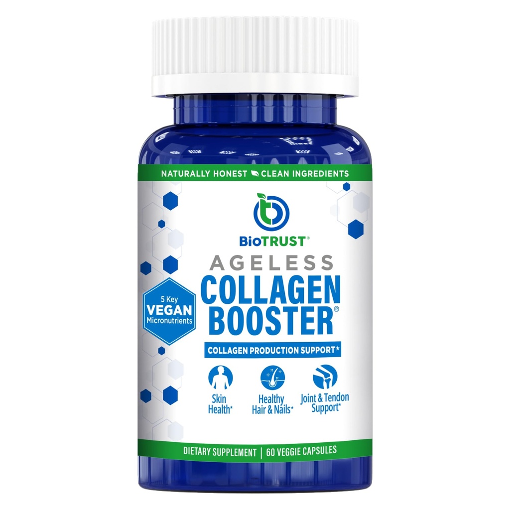 BioTrust Ageless Collagen Booster, Ισχυρή υποστήριξη ομορφιάς από μέσα, Vegan Collagen Builder για λαμπερό δέρμα, Πανέμορφα μαλλιά, όμορφα νύχια, υγιείς αρθρώσεις, 60 κάψουλες (30 εξυπηρετούν)