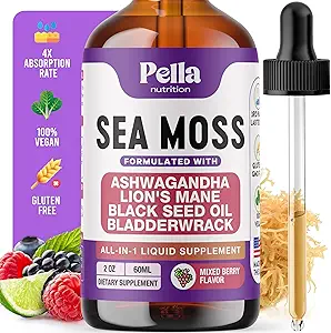 Sea Moss και Ashwagandha Liquid Supplement - Εγχύεται με Lion's Mane, Black Seed Oil, και Bladderwrack - Vegan, Easy-to-Mix Formula - Υποστηρίζει Αντιοξειδωτική Δραστηριότητα & Ανοσοποιητική Υγεία (Mixed Berry, 60mL)
