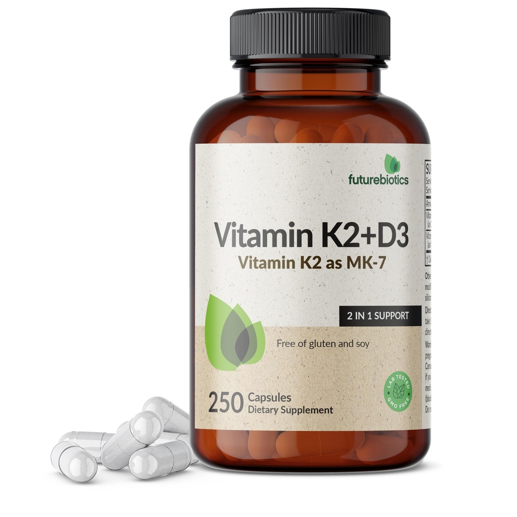 Μελλοντικά αντιβιοτικά Βιταμίνη K2 (MK7) με συμπλήρωμα D3 - Μη ΓΤΟ Φόρμουλα - 5000 IU Βιταμίνη D3 & 90 mcg Βιταμίνη K2 MK-7, 250 κάψουλες χορτοφάγων