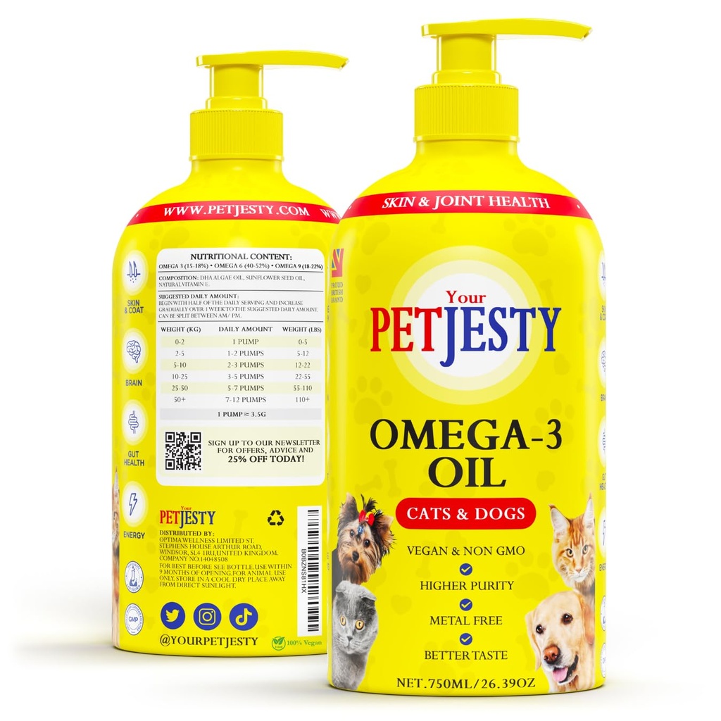 PetJesty Pure Omega 3 Oil for Dogs & Cats 26.39oz - Omega 3 Skin & Coat Υποστήριξη- Υγρό συμπλήρωμα διατροφής για κατοικίδια ζώα - Vegan pet + DHA για κοινή λειτουργία, ανοσοποιητική & καρδιακή υγεία, μη ψάρια σκυλί και γάτα