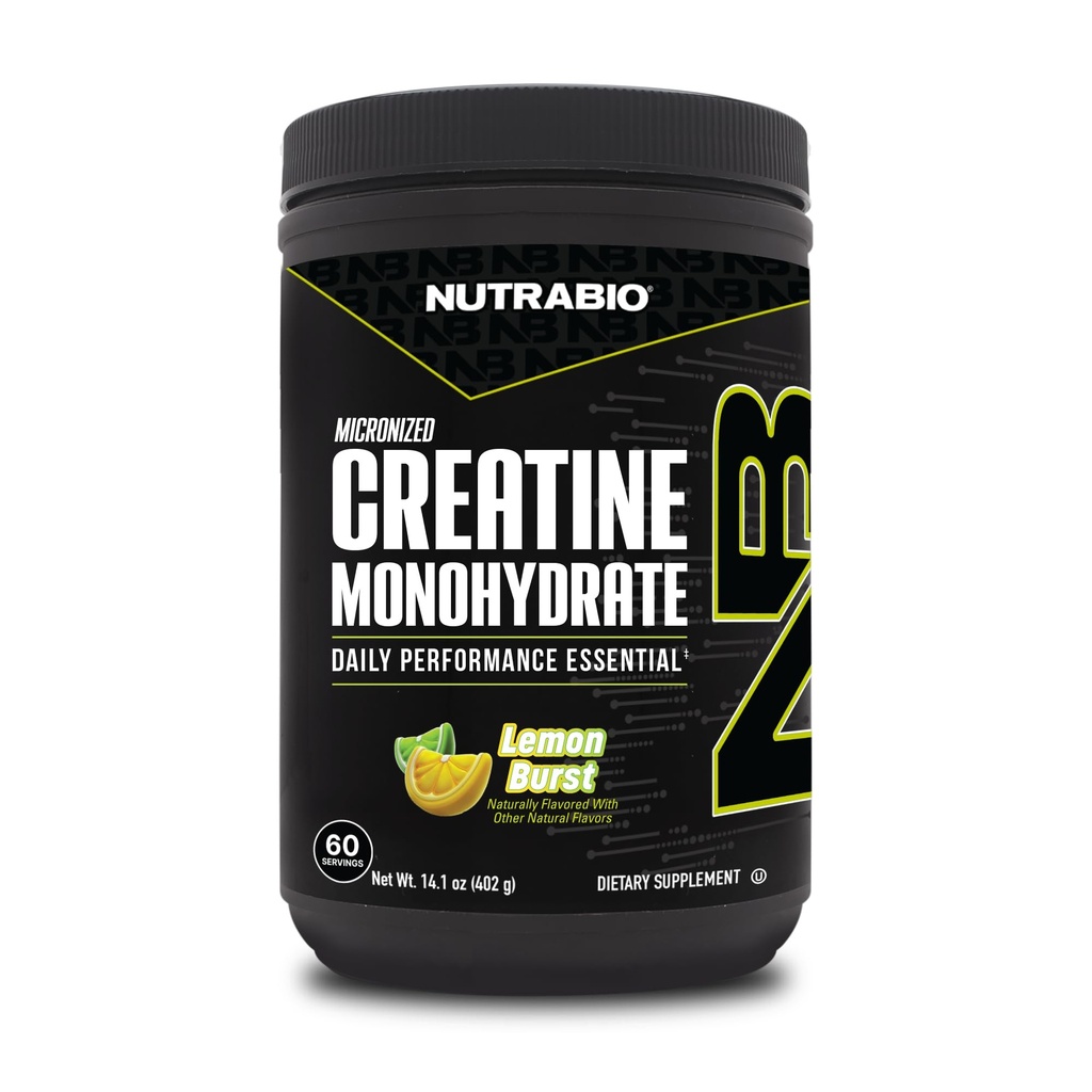 NutraBio Pure Micronized Creatine Monohydrate Powder Supplement, Lemon Burst, (300 g) - Υποστηρίζει Μαζική μυϊκή ενέργεια, ανάκτηση και δύναμη - HPLC Tested Creatine Powder Supplement για άνδρες και γυναίκες
