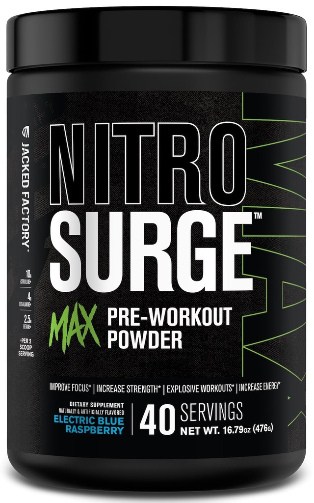 Jacked Factory Nitrosurge Max Pre Performance Workout Powder - Pre Workout w/Nootropic Συστατικά για Έντονη Εστίαση, Αντλίες, Ομαλή Ενέργεια, Αντοχή - 40 Σερβίρει, Ηλεκτρικό Μπλε Βατόμουρο