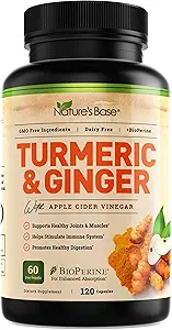 Nature's Base Turmeric and Ginger Supplement - με κουρκουμίνη, μηλίτη και εκχύλισμα μαύρου πιπεριού BioPerine - 95% κουρκουμινοειδή - 120 κάψουλες