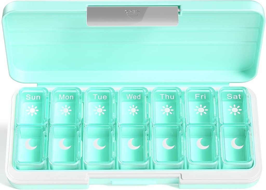 Zoksi Am Pm Pill Organizer 7 Day, Weekly Pill Box 2 φορές την ημέρα, Medicine Pill Organizer with Separate Compartment, Travel Pill Case Dispenser Φορητό για βιταμίνες, ιχθυέλαια, φάρμακα (Πράσινα)