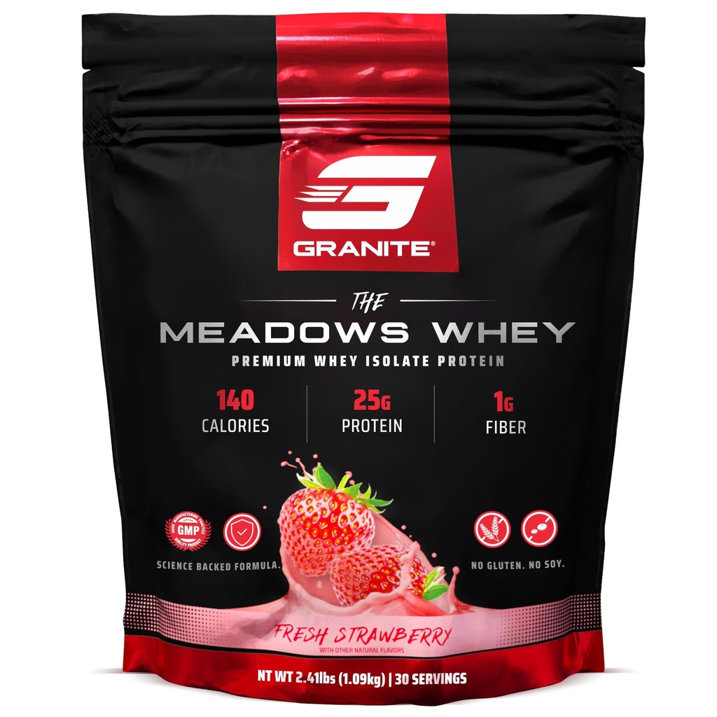 Granite Supplements The Meadows Whey Protein Isolate Protein Powder for Lean Muscle with 150 Calories, 2g Fiber, 1g Sugar (30 Servings), Fresh Strawberry Flavor