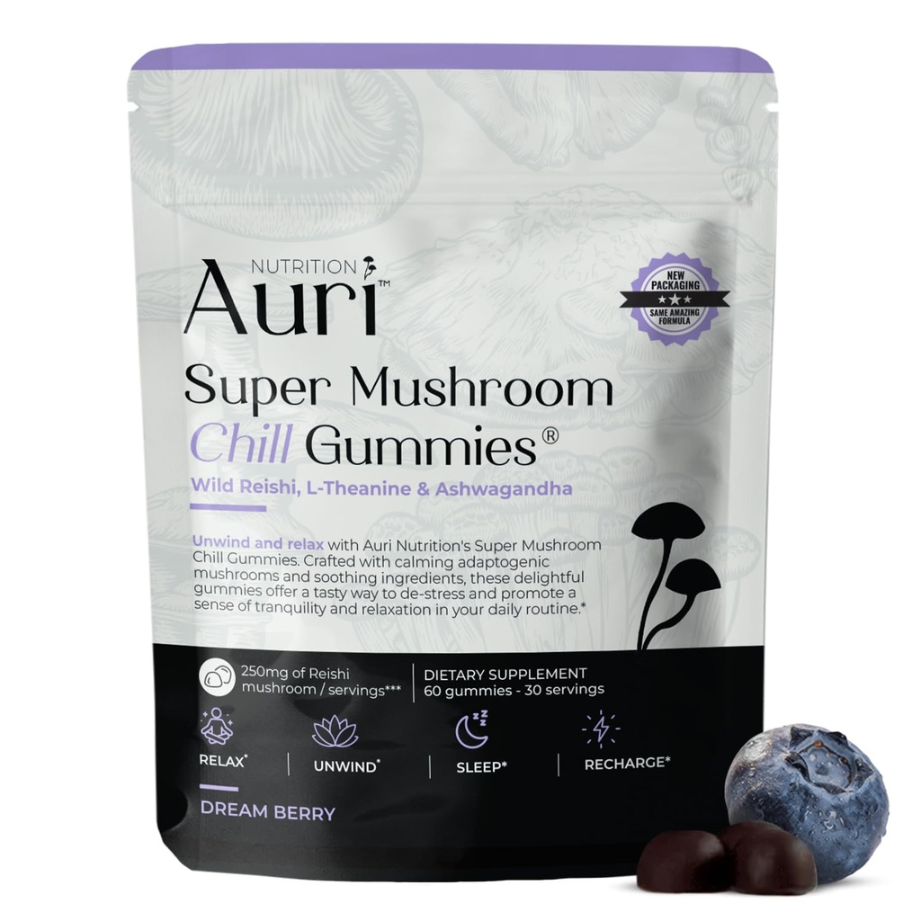Auri Super Mushroom Chill Gummies - Natural Calming Aid & Stress Supplement for Adults w/Reishi Mushroom, Ashwagandha, L-Theanine - Unwind Mind & Harmonize Your Day - 60 Calm Gummies