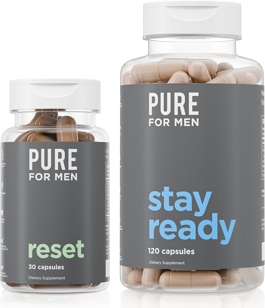 Pure for Men Original Vegan Cleanliness Fiber Supplement, 120 Capsules & Reset Detox Supplement, 30 Capsules