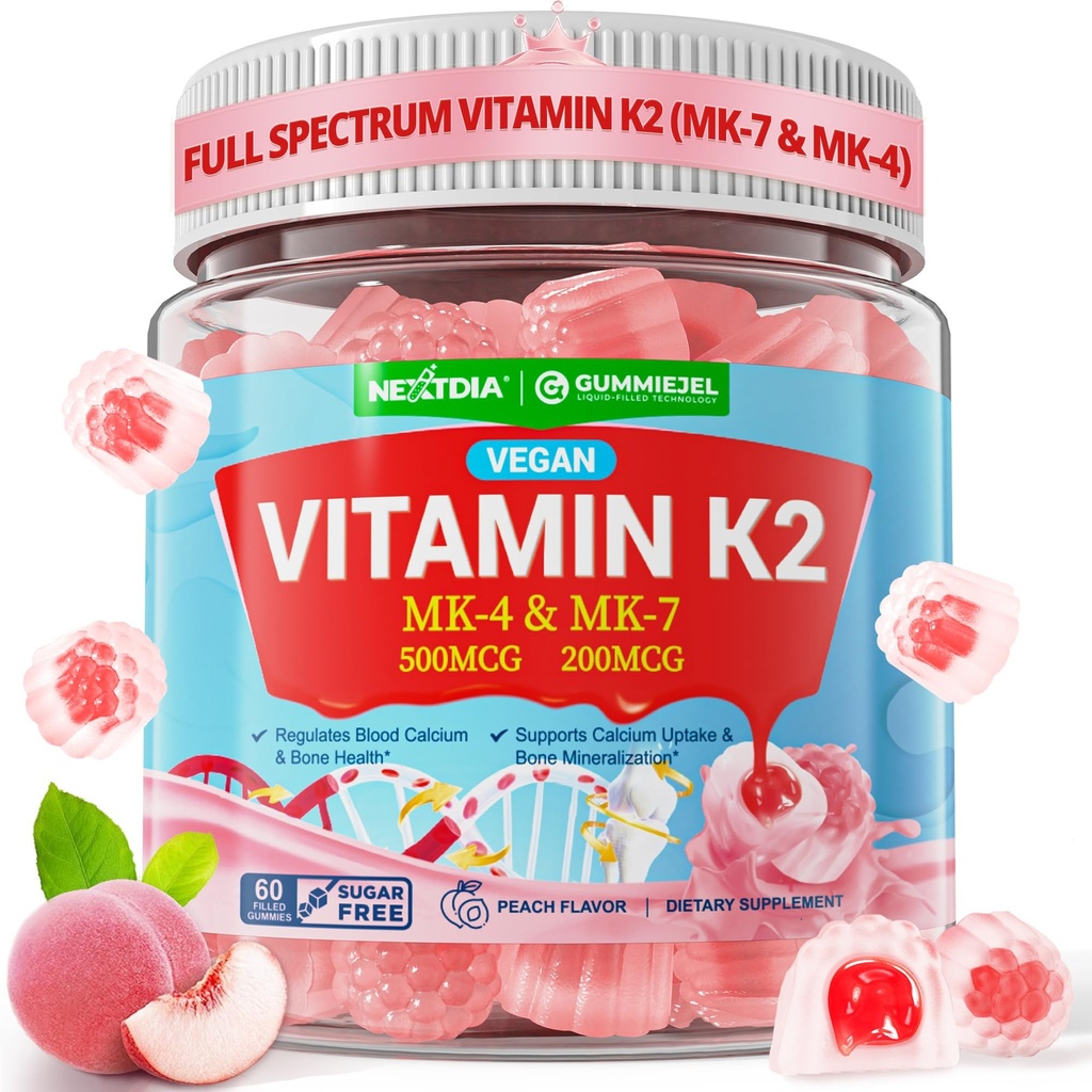 Βιταμίνη K2 Gummies MK-7 200 mcg & MK-4 500 mcg για γυναίκες & άνδρες Χωρίς ζάχαρη, τέλειο 2-IN-1 πλήρες φάσμα βιταμίνης K2 συμπλήρωμα για τα οστά, He-art, προάγει την απορρόφηση ασβεστίου, εγκέφαλο, δόντια, ανοσοποιητικό,1Pack
