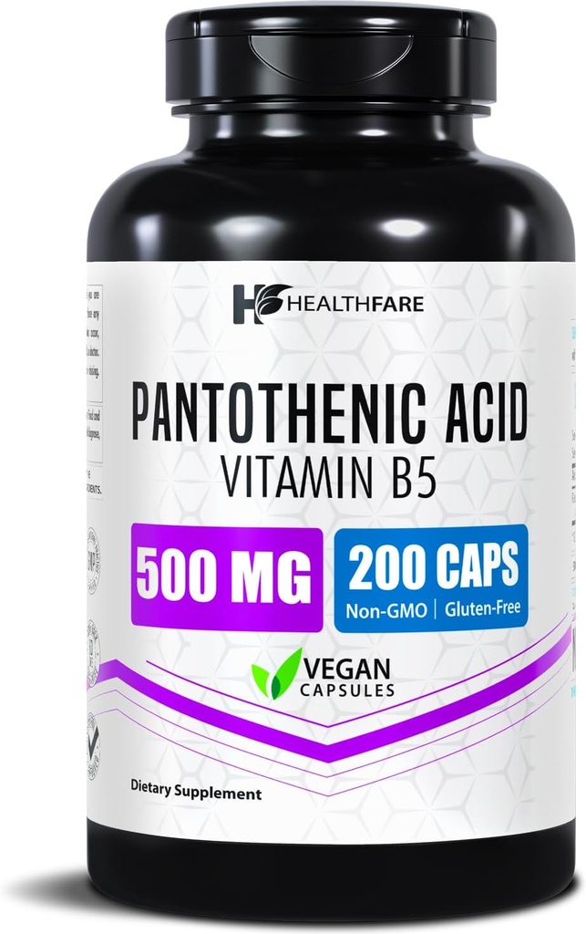 Healthfare Pantothenic Acid 500mg Vitamin B5 Supplement | 200 Vegan Capsules | Extra Strength Energy & Metabolism Support | Non-GMO, Gluten-Free | Made in USA