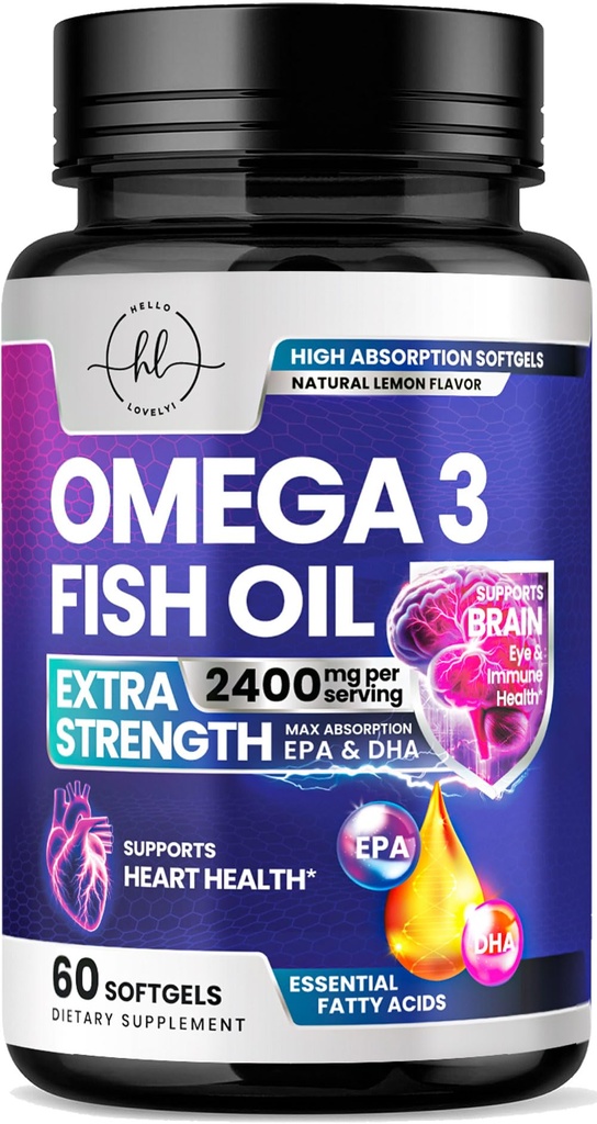 Ωμέγα 3 Fish Oil Συμπληρώματα 2400mg - Triple Strength Omega 3 Λιπαρά Οξέα, Natural Heart Health Brain & Joint Support - Λιπαρά Οξέα με EPA & DHA - Wild Caught Fish Oil Συμπλήρωμα - 60 Softgels