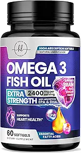 Omega 3 Fish Oil Supplements 2400mg - Triple Strength Omega 3 Fatty Acids, Natural Heart Health Brain & Joint Support - Fatty Acids with EPA & DHA - Wild Caught Fish Oil Supplement - 60 Softgels