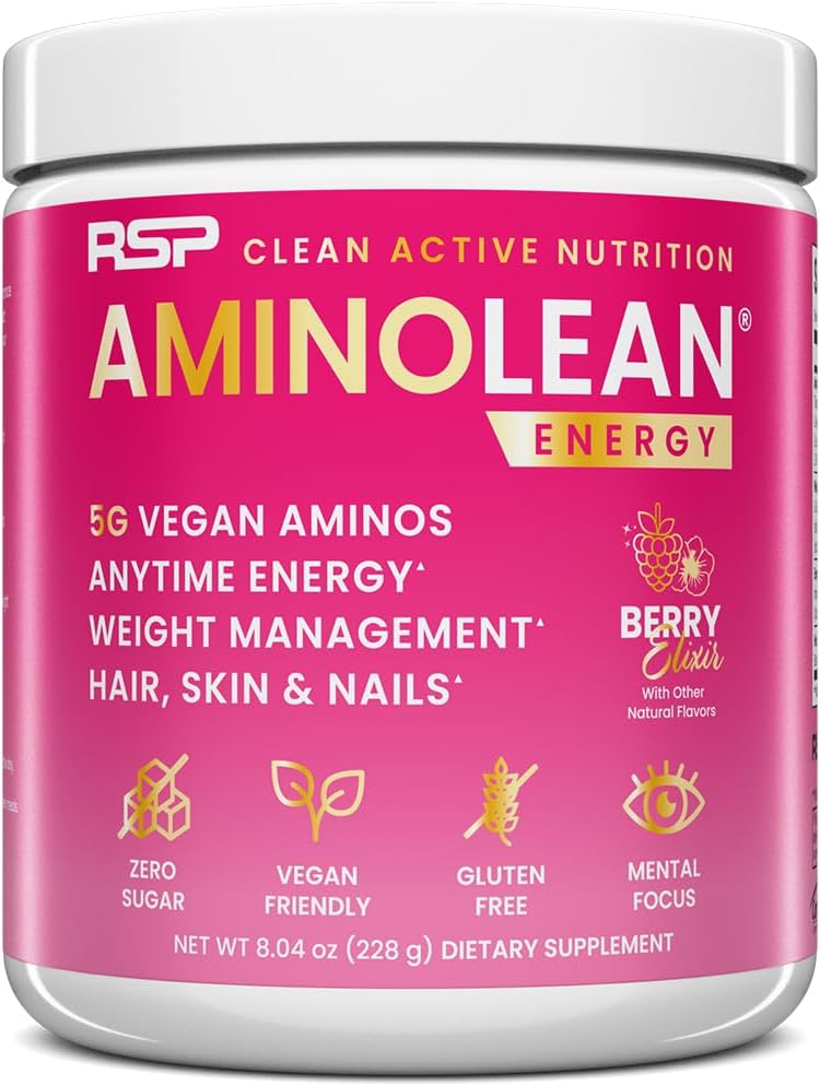 RSP NUTRITION AminoLean Προ προπόνηση, Καθαρή ενέργεια με καμία Jitters, Tingles ή Crash, Vegan φιλικό με προστιθέμενη βιοτίνη για τα μαλλιά, το δέρμα, τα νύχια, Berry Elixir, 30 εξυπηρετούν