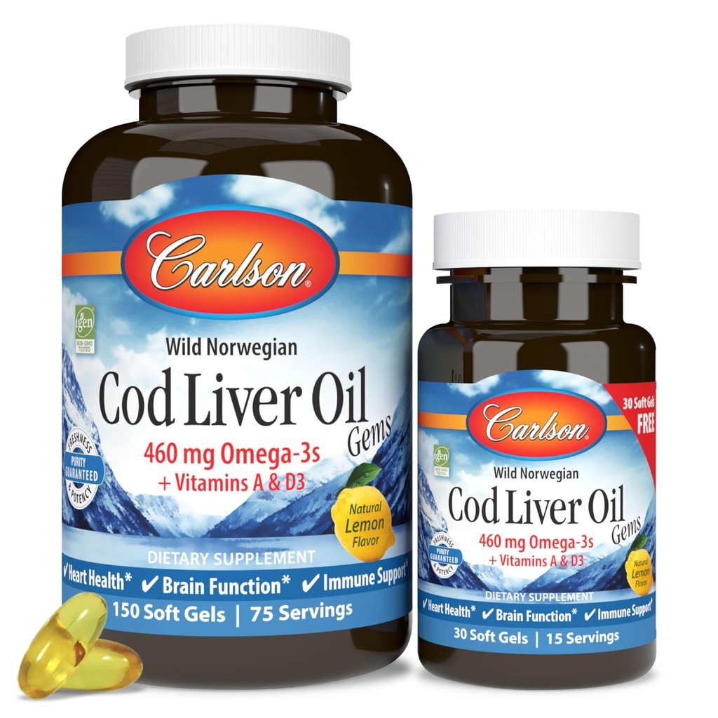 Carlson - Cod Liver Oil Gems, 460 mg Omega-3s, Plus Βιταμίνες Α και D3, Wild Caught Norwegian Arctic Cod, Sustainablely Sourced Nordic Fish Oil Caps, Lemon, 150 + 30 Softgels