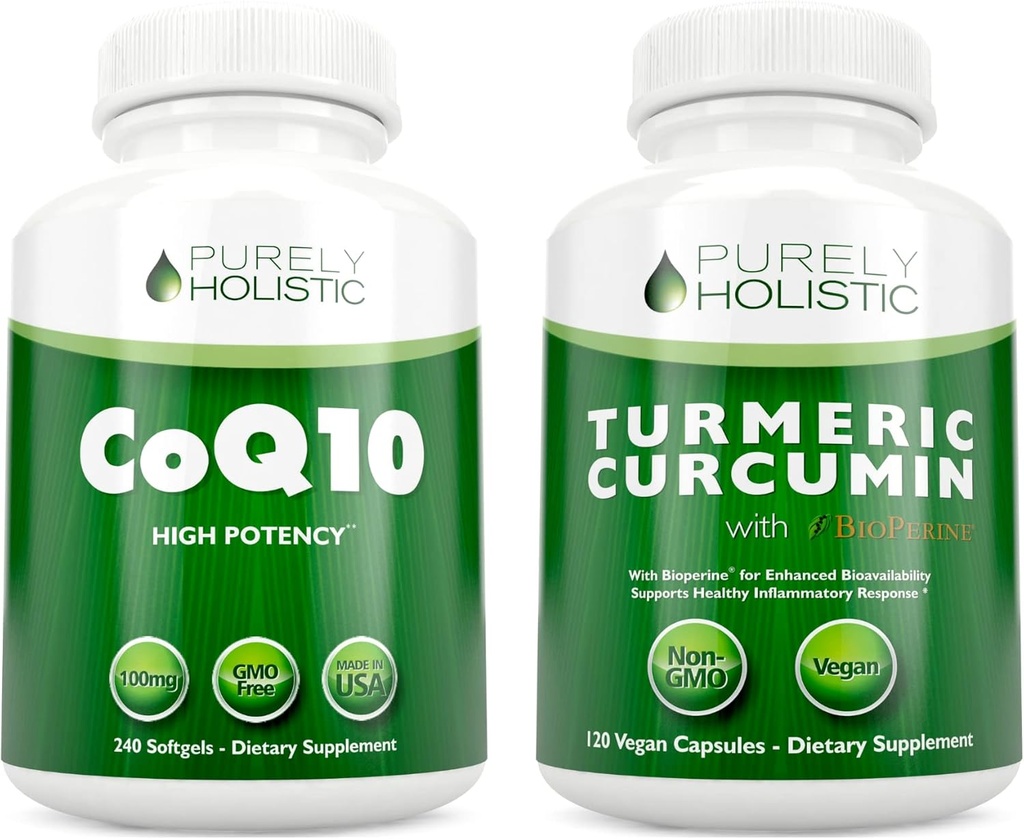 CoQ10 100mg + Organic Turmeric Curcumin 700mg with Bioperine Black Pepper - 120 Softgels & 120 Capsules - 95% Curcuminoids - Made in USA