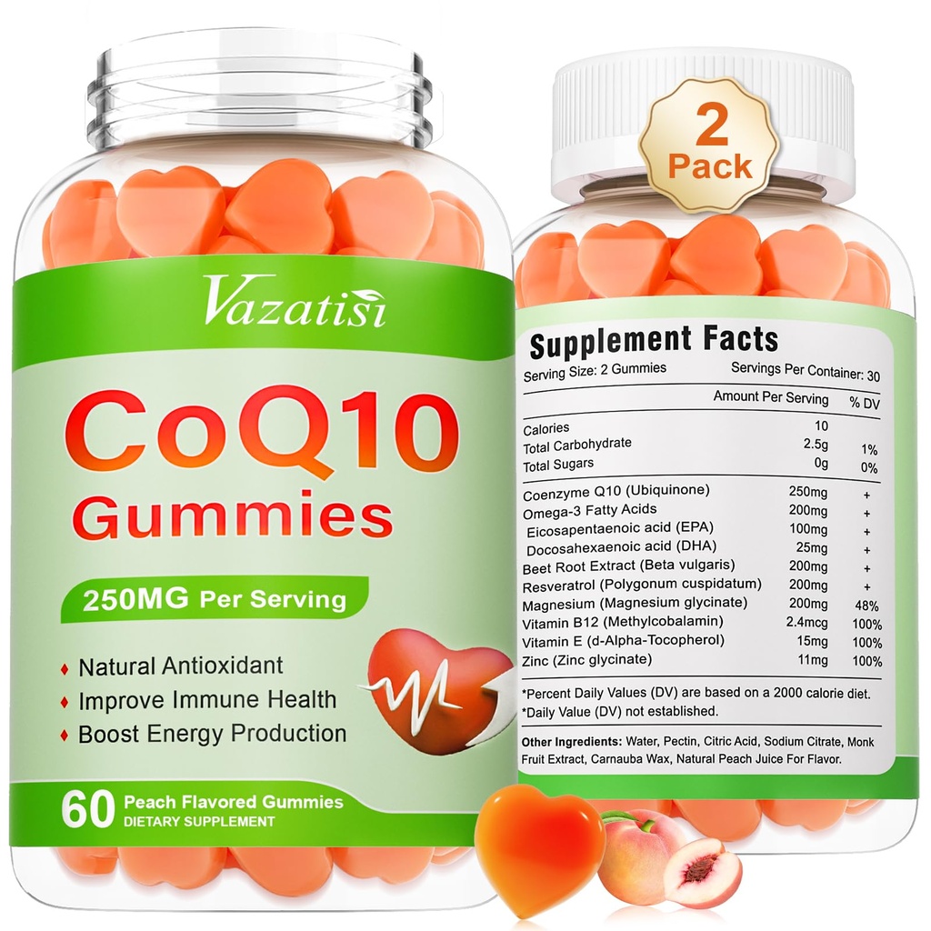 2 Συσκευασίες CoQ10 Gummies 250 mg, Plus Omega-3, Μαγνήσιο, Βιταμίνη B12 για Κυτταρική Ενέργεια, Εγκεφαλικό & Αντιοξειδωτικό, 5X Καλύτερη Απορρόφηση Συνένζυμο Q10 Συμπλήρωμα - 120 Cts