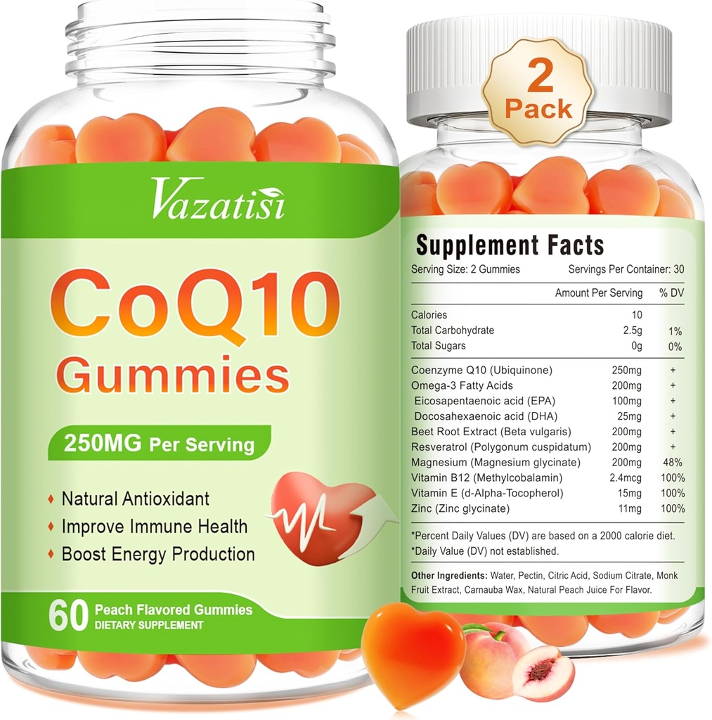 2 Συσκευασίες CoQ10 Gummies 250 mg, Plus Omega-3, Μαγνήσιο, Βιταμίνη B12 για Κυτταρική Ενέργεια, Εγκεφαλικό & Αντιοξειδωτικό, 5X Καλύτερη Απορρόφηση Συνένζυμο Q10 Συμπλήρωμα - 120 Cts