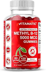 Vitamatic Extra Strength Vitamin B12 5000 mcg (Methyl B12) Gummies - 120 Count - Ενέργεια Μεταβολισμός Υποστήριξη και το νευρικό σύστημα Υγεία Υποστήριξη, Φυσικό κεράσι Γεύση (1)