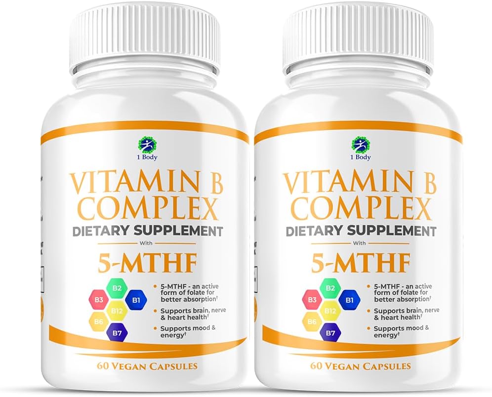 1 Body Vitamin B Complex Twin Pack – 5-MTHF Folate με B1, B2, B5, B6, Methyl B12, Niacin, Biotin – 60 κάψουλες το καθένα