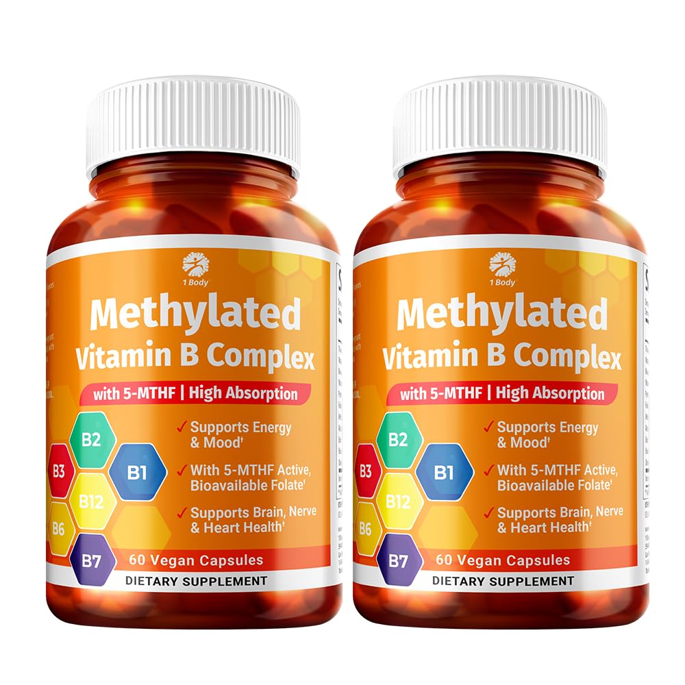 1 Body Vitamin B Complex Twin Pack with 5-MTHF Folate, B1, B2, B5, B6, Methyl B12, Niacin, Biotin 60 Capsules Each