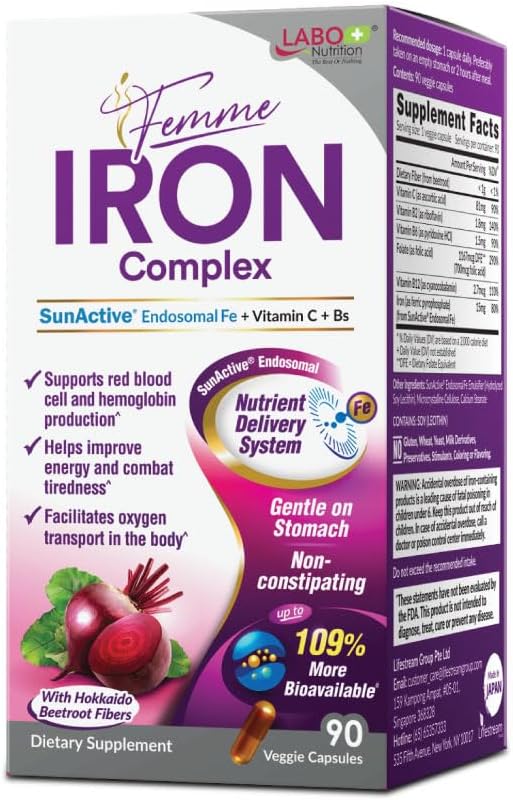 LABO Διατροφή Femme Iron Ενδοσωμικός Ήλιος Ενεργός, μη ερεθιστικό 15mg Συμπλήρωμα σιδήρου για Builder αίματος, Vegan, Gentle, Όχι Μεταλλική Επίγευση, Μη Συντηρητικό, Ιδανικό για Ευαίσθητα Στομαχικά, 90 Count