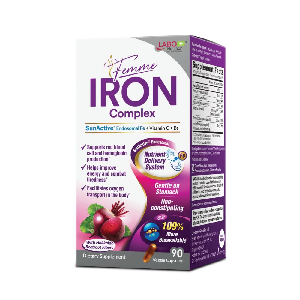 LABO Nutrition Femme Iron Endosomal SunActive, Non-Irritating 15mg Iron Supplement for Blood Builder, Vegan, Gentle, No Metallic Aftertaste, Non Constipating, Ideal for Sensitive Stomachs, 90 Count