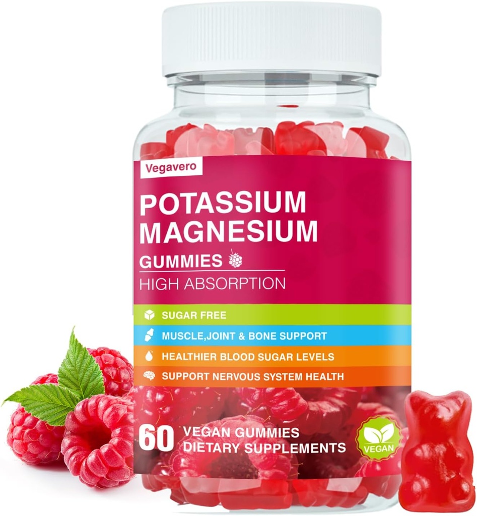 Κάλιο Μαγνήσιο Gummies - Υψηλή Απορρόφηση Μαγνήσιο Γλυκινικό & Κιτρικό Κάλιο Plus Συνένζυμο Q10, DHA, D3, Ορυκτό & Ασβέστιο για Zzz, Κνήμες Πόδι & Μύες - 60 Βατόμουρο Gummies